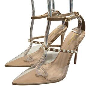 Lulus Pearsie Light Nude Vinyl Pearl Studded Ankle Strap Pumps Sz 10
